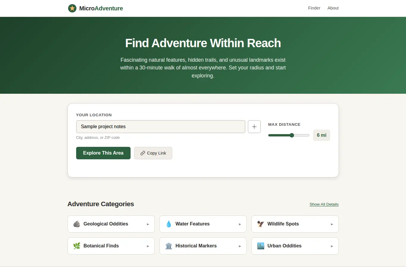 Screenshot of Micro Adventure Distance Finder interface showing the project page in use